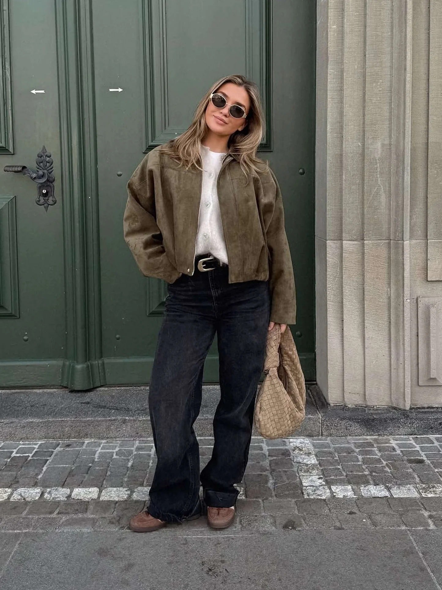 Faux Suede Collared Bomber Jacket for Women