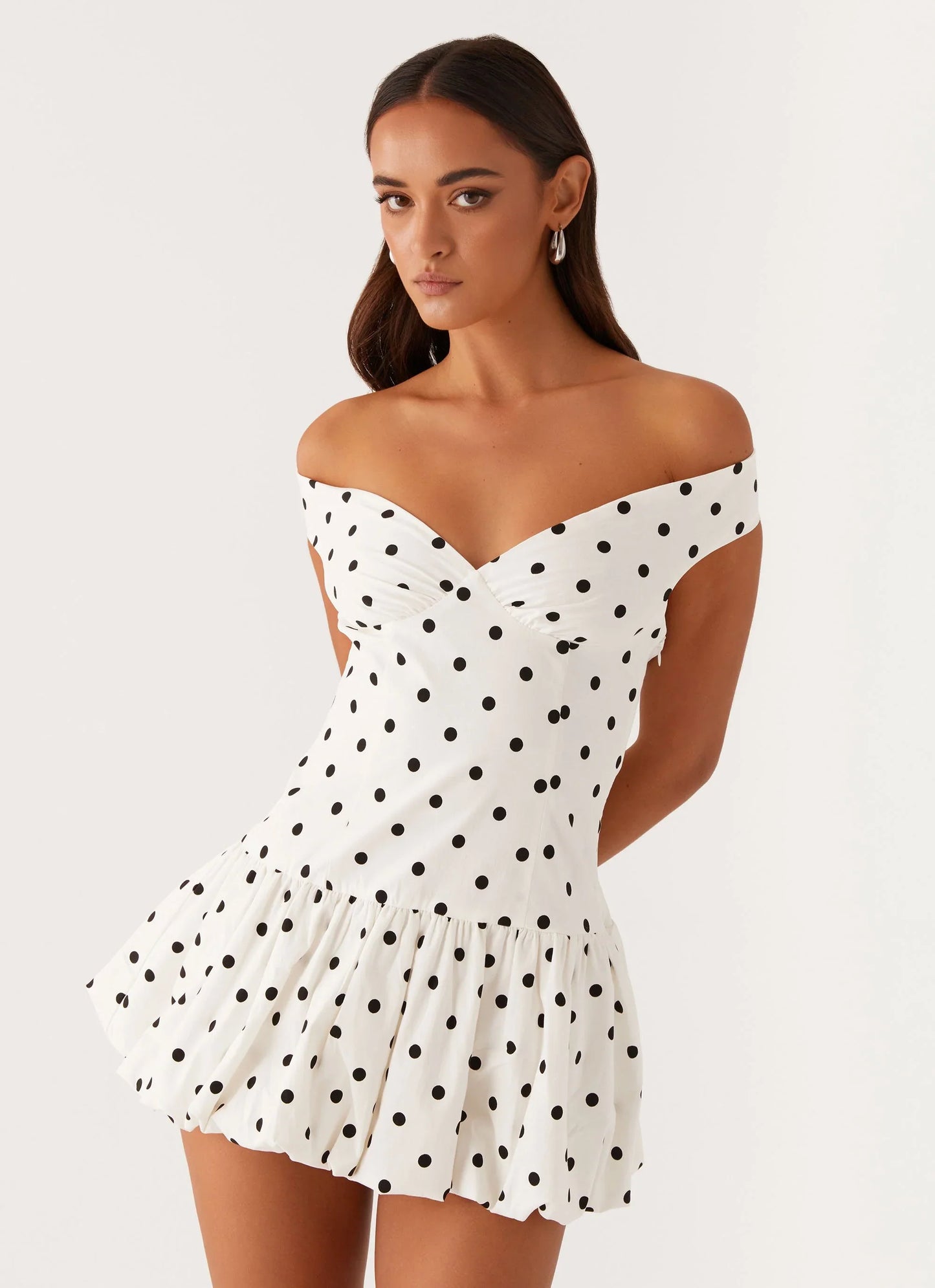 Off-Shoulder Polka Dot Peplum Mini Dress