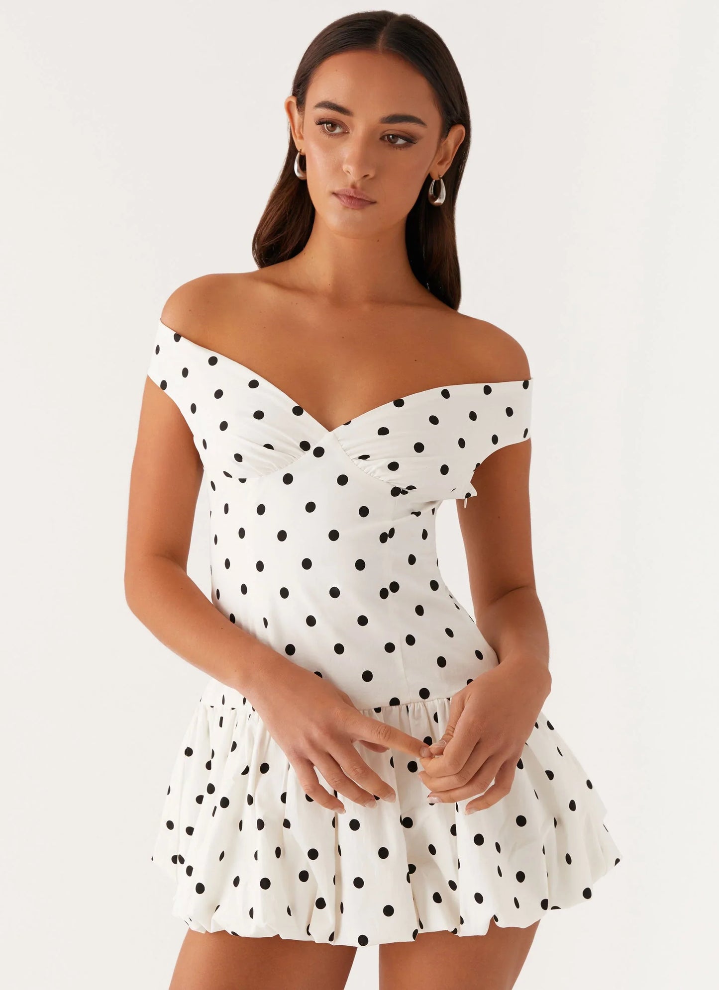 Off-Shoulder Polka Dot Peplum Mini Dress