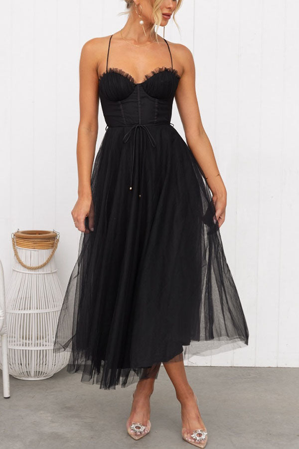 Summer Corset Midi Dress with Tulle Skirt & Spaghetti Straps
